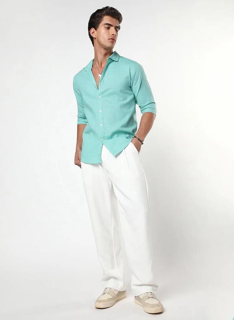 Urbano Fashion  Urbano Fashion Men's Light Teal Linen Blend Full Sleeve Relaxed Fit Casual Solid Shirt for Men | Best Price UAE